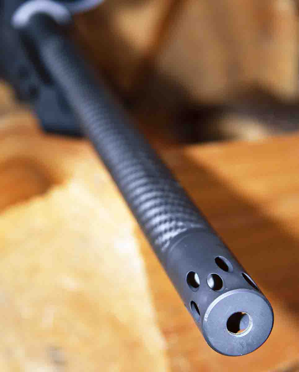 Volquartsen added a 2-inch aluminum-alloy “forward-blow” compensator to the VT2 Takedown Rifle’s carbon tension barrel to minimize muzzle movement during shooting.